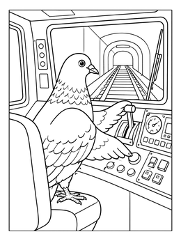 A fun pigeon coloring page showing a bird operating subway train controls inside the cabin.