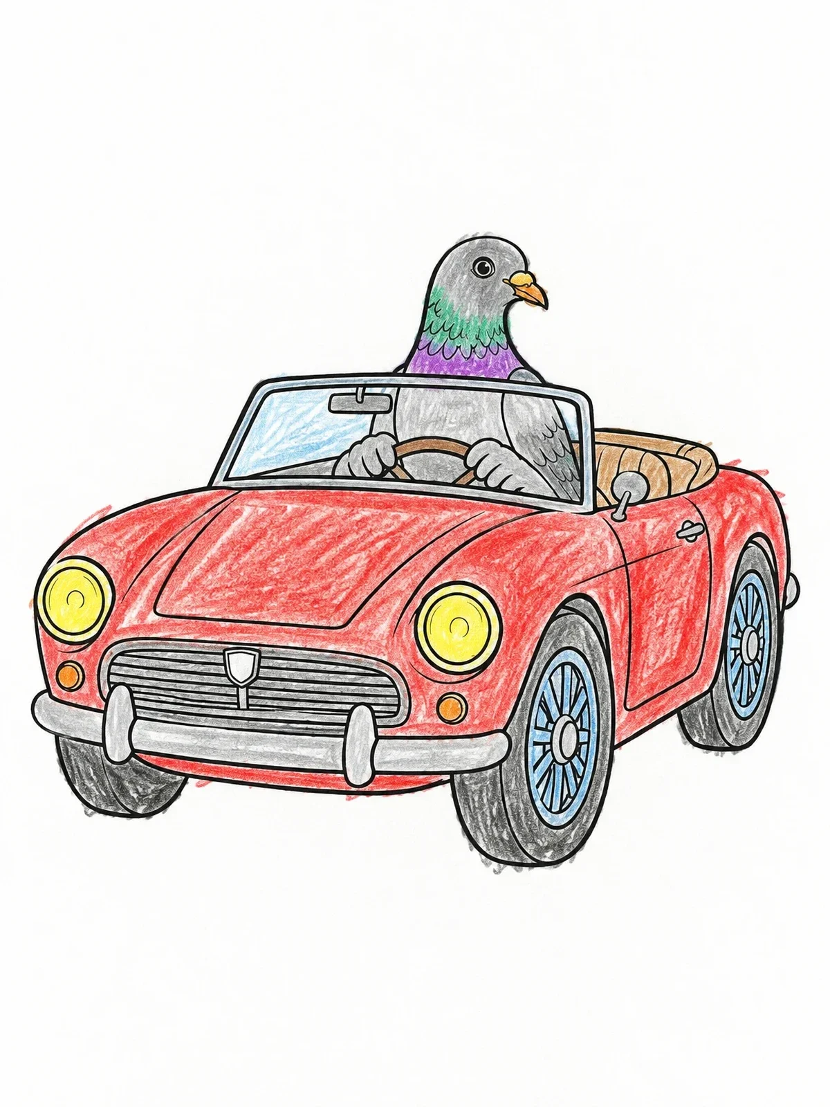 Colored example of the Pigeon Driving A Vintage Convertible coloring page