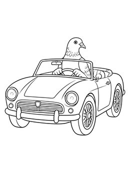 A retro pigeon coloring page featuring a pigeon driving a small vintage convertible car.