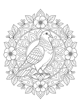 Detailed pigeon coloring page framed inside a circular floral mandala pattern.
