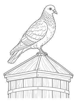 A detailed water tower coloring page featuring a pigeon perched on a wooden rooftop tank.