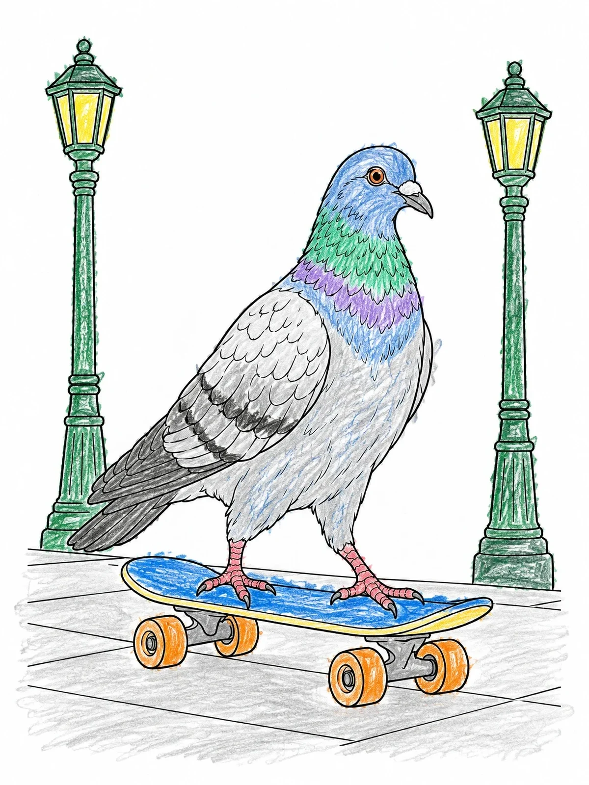 Colored example of the Pigeon Riding A Skateboard coloring page