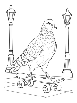 A detailed pigeon coloring page showing a bird cruising on a skateboard between vintage street lamps.