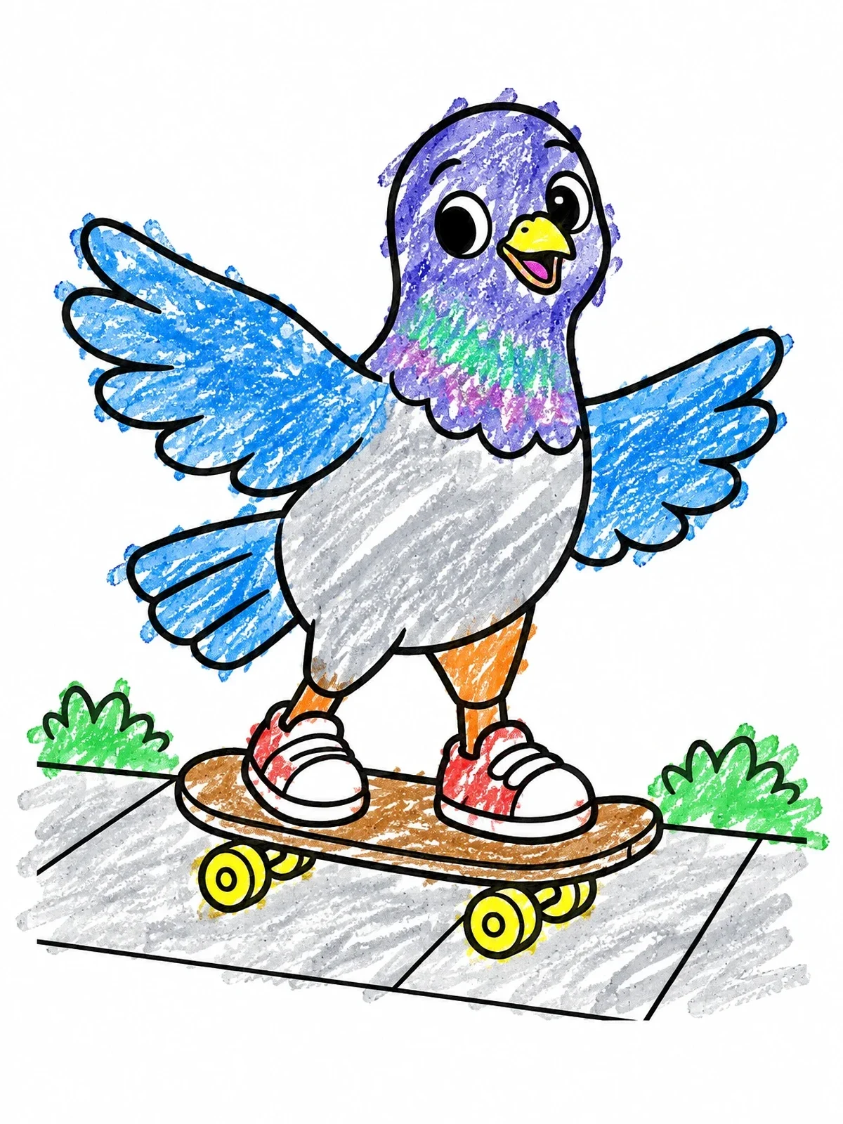 Colored example of the Cartoon Pigeon Riding A Skateboard coloring page