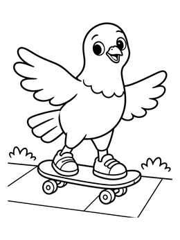 A fun pigeon coloring page showing a cartoon bird balancing on a skateboard.