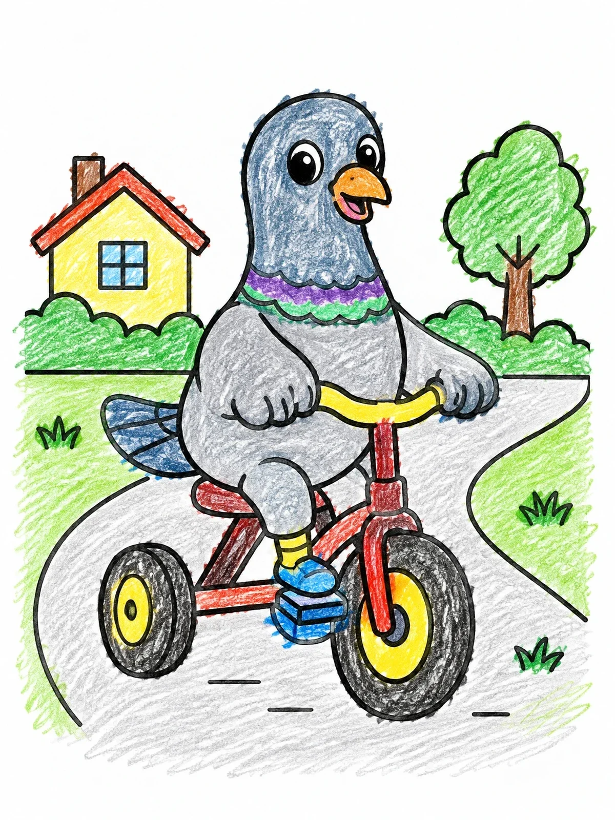 Colored example of the Pigeon Riding A Small Tricycle coloring page