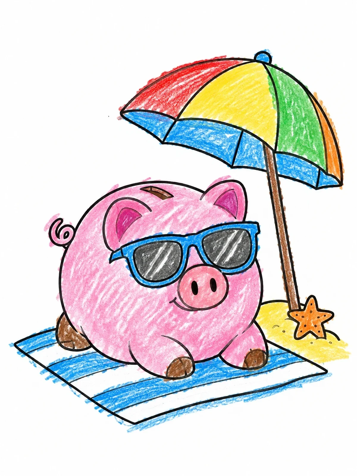Colored example of the Cool Piggy Bank On Beach Vacation coloring page