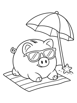 A cute piggy bank coloring page with sunglasses relaxing under a beach umbrella.