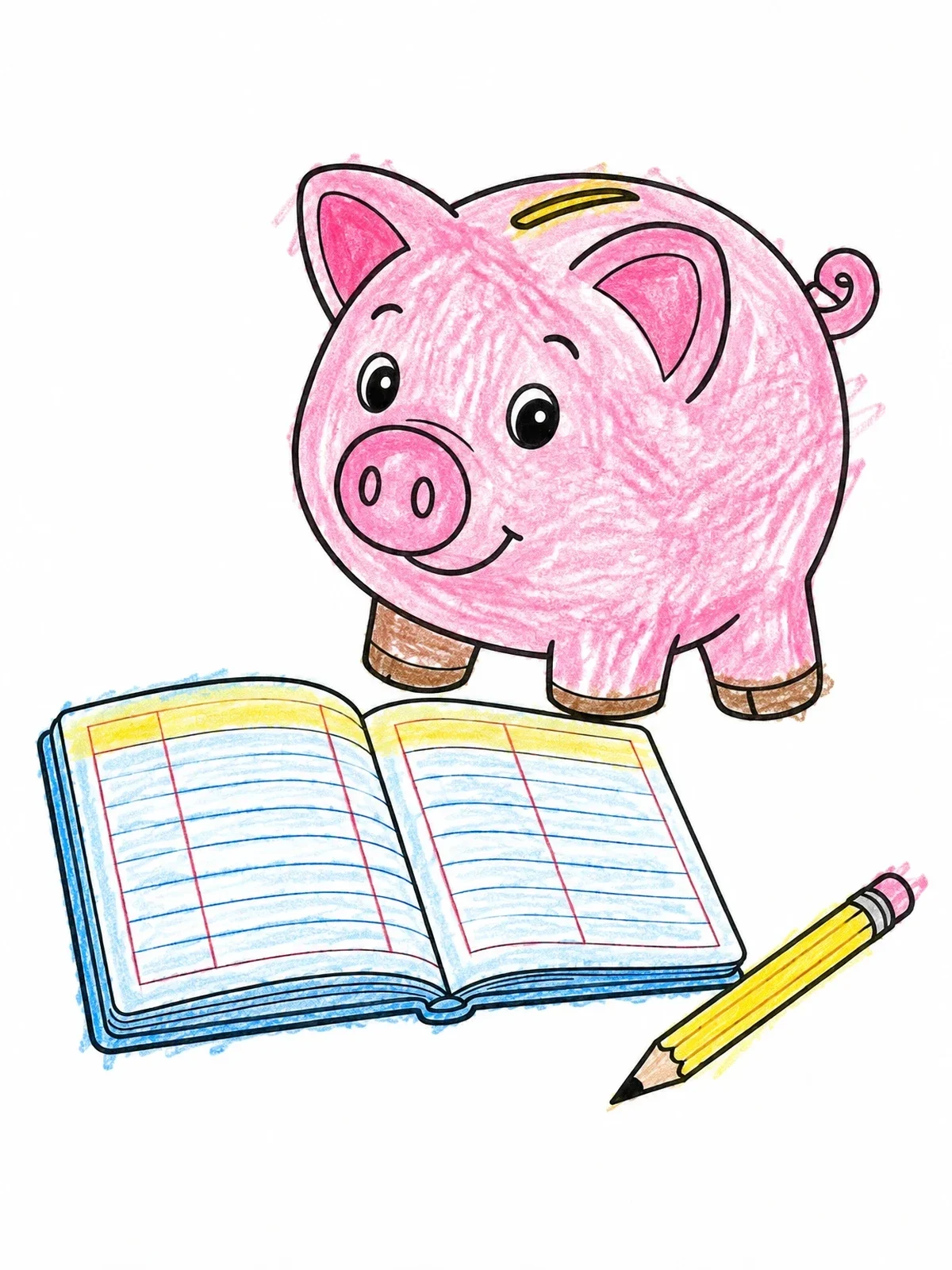 Colored example of the Piggy Bank With Ledger And Pencil coloring page