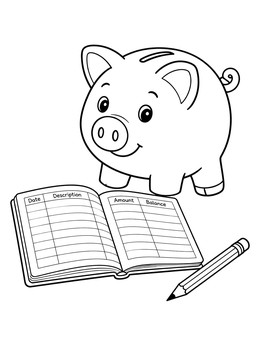 A cheerful piggy bank coloring page with an open ledger book and a pencil.