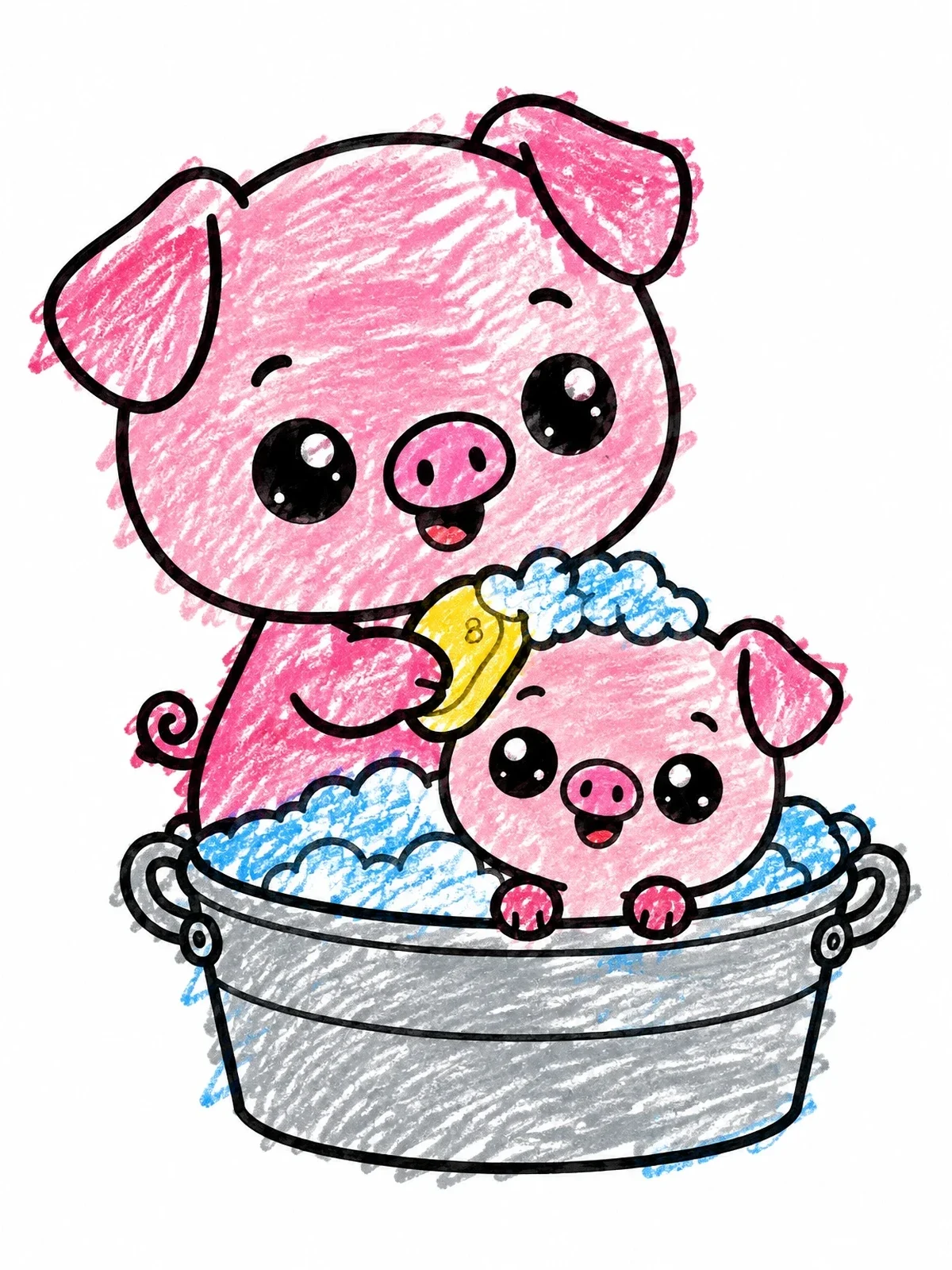 Colored example of the Cute Piglet Taking A Bubble Bath coloring page