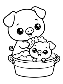 A sweet piglet washes in a sudsy tub in this cute pig coloring page.