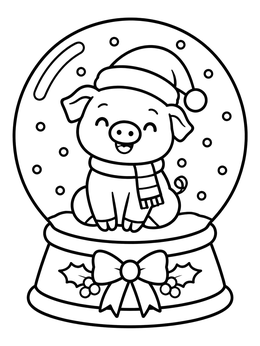 A cheerful piglet in a snow globe on this christmas pig coloring page.