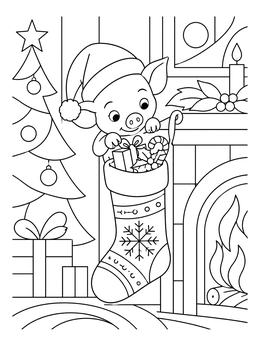 A cute christmas pig coloring page with a piglet looking into a stocking by the fire.