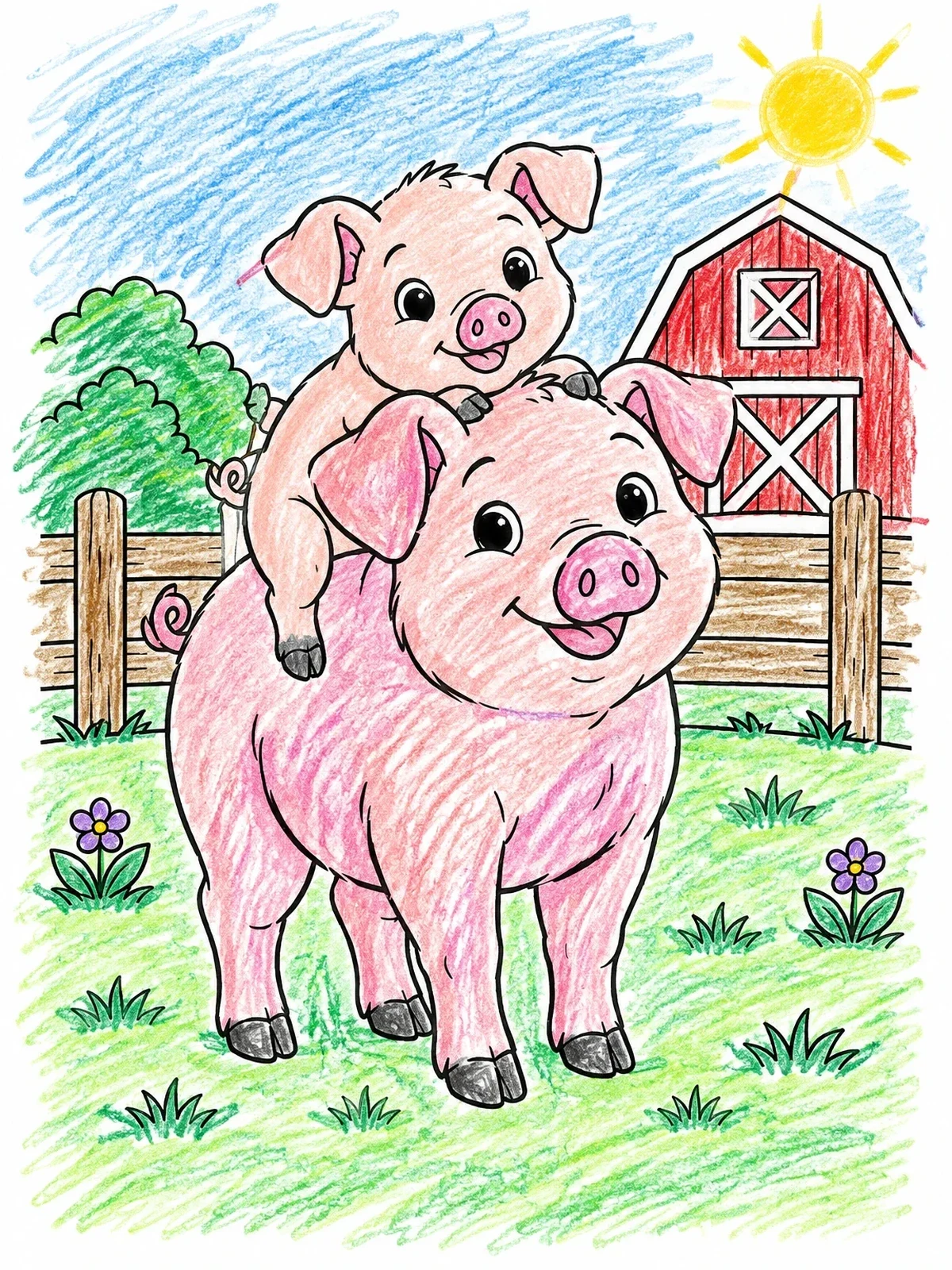 Colored example of the Piglet Riding On Pig's Back coloring page