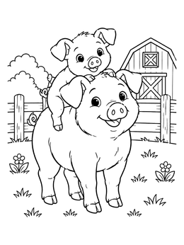A cheerful baby piglet riding on a big pig's back on this pig coloring page.