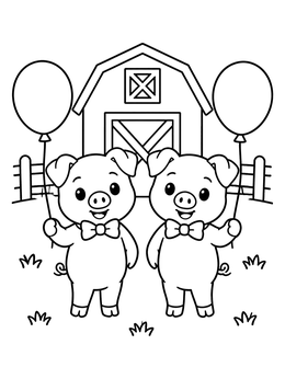 Two smiling piglets with bow ties hold balloons outside a barn on this cute pig coloring page.
