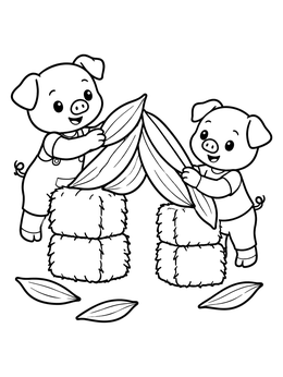 Two cheerful cartoon piglets build a fort with hay bales on this pig coloring page.