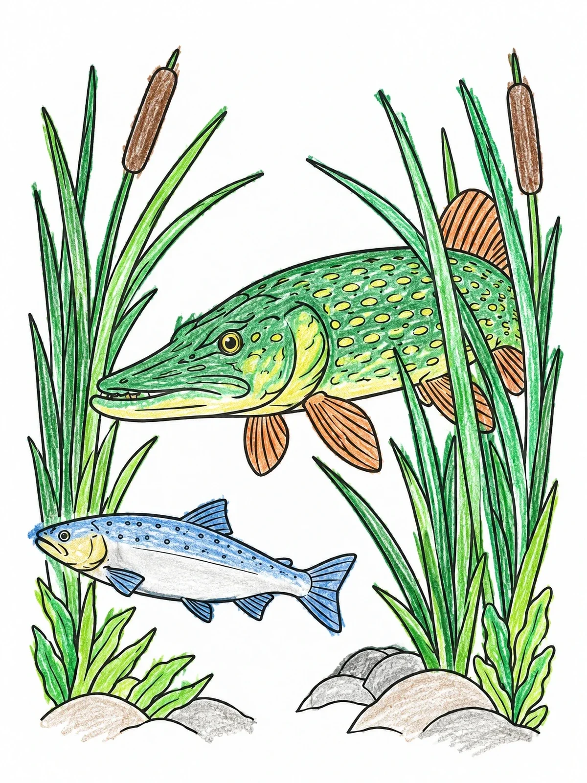 Colored example of the Northern Pike And Little Fish Among Reeds coloring page