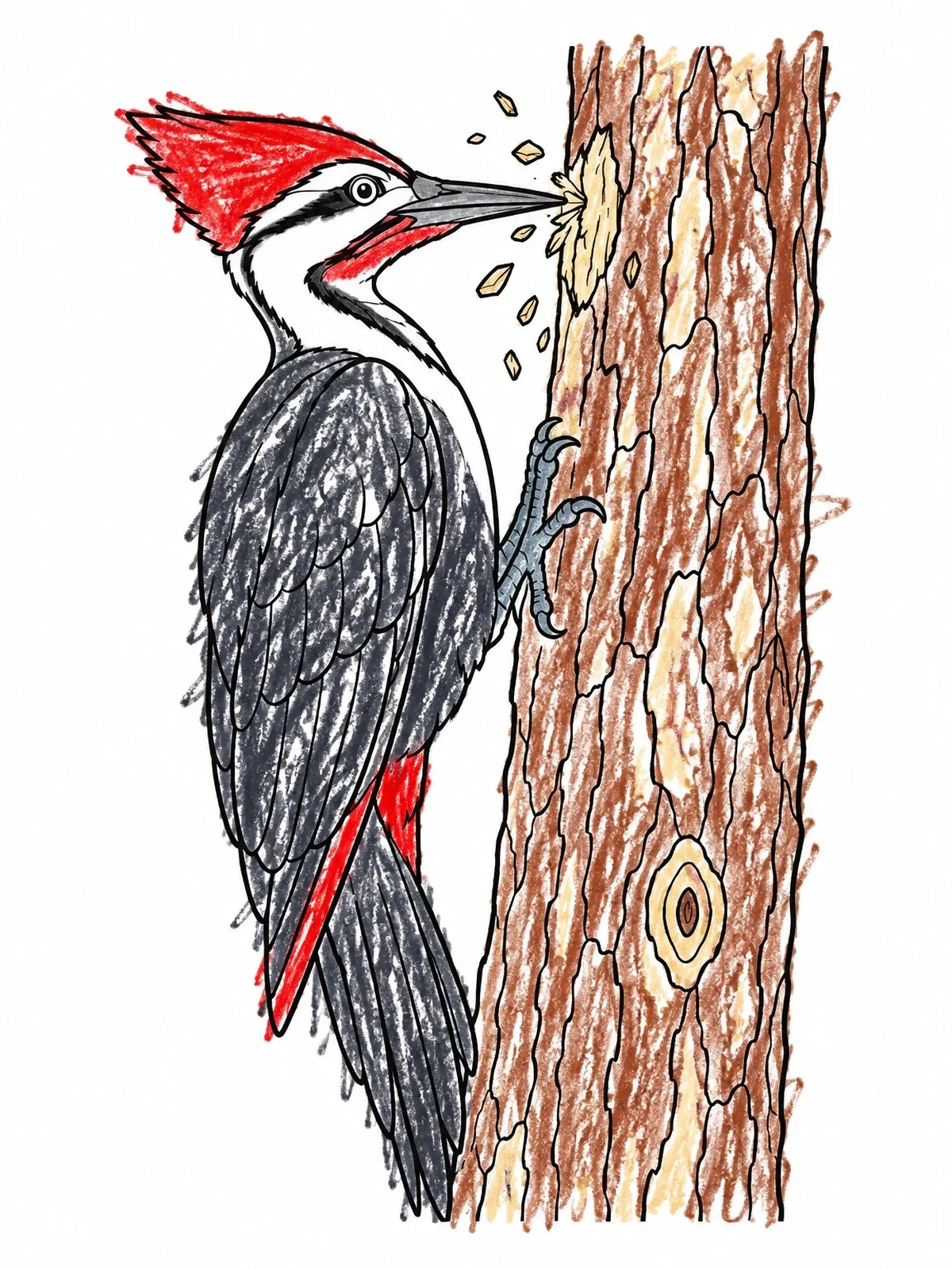 Colored example of the Pileated Woodpecker On Tree Trunk coloring page