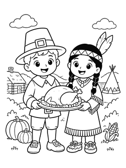Free printable Pilgrim And Native American Children Feast coloring page