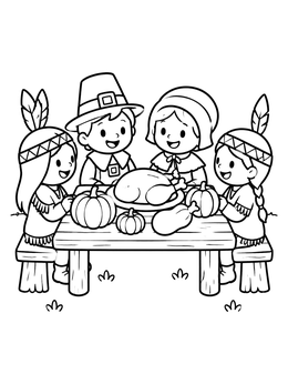 Free printable Children Sharing Thanksgiving Dinner coloring page