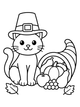 Free printable Pilgrim Cat With Autumn Cornucopia coloring page