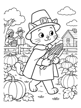 A cute pilgrim cat thanksgiving coloring page walking through a pumpkin patch with an ear of corn.