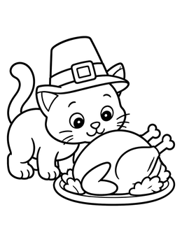 A cute cat thanksgiving coloring page featuring a kitten in a pilgrim hat sniffing a roasted turkey.