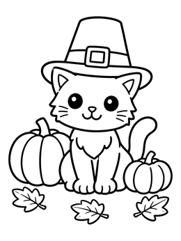 Free printable Pilgrim Kitten With Fall Pumpkins coloring page