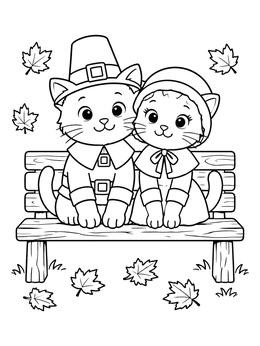 Two cute kittens in pilgrim costumes sit on a wooden bench in this cat thanksgiving coloring page.