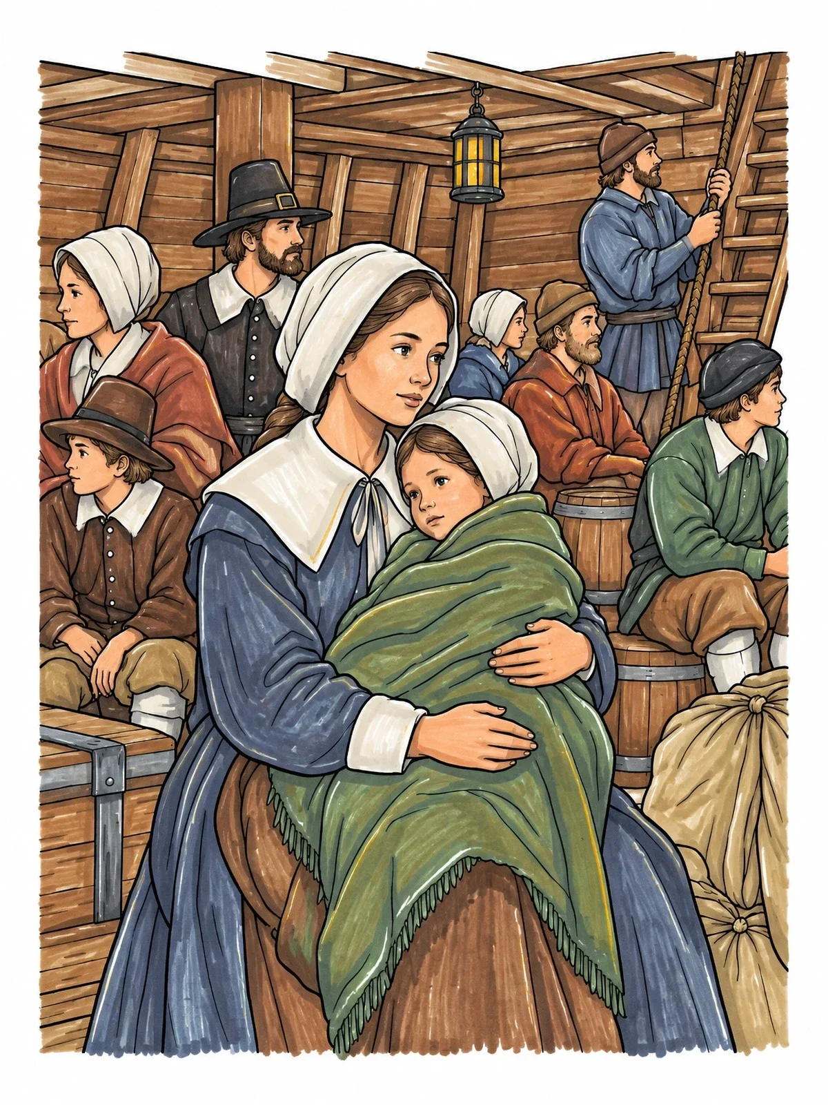 Colored example of the Pilgrim Family Below Ship Deck coloring page