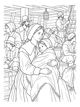 A mother and child rest below deck in this detailed mayflower coloring page.