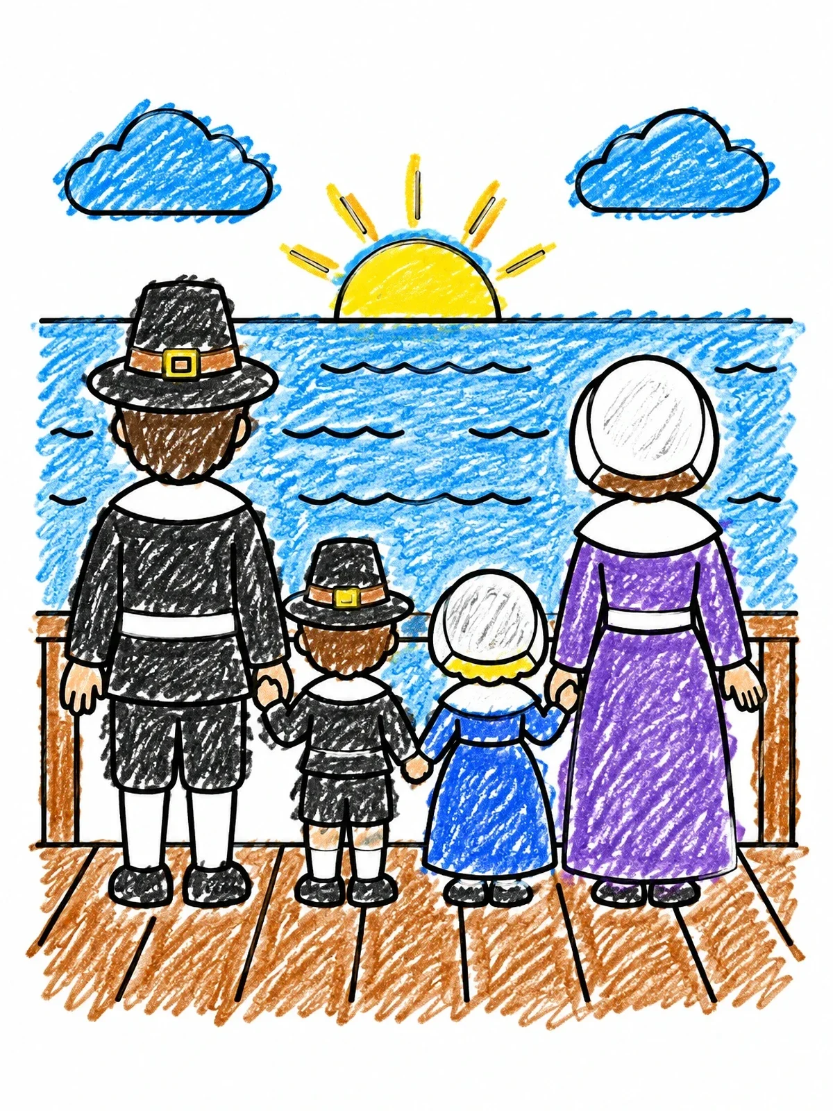 Colored example of the Pilgrim Family On Ship Deck coloring page