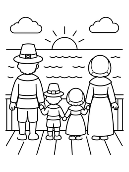 Free printable Pilgrim Family On Ship Deck coloring page