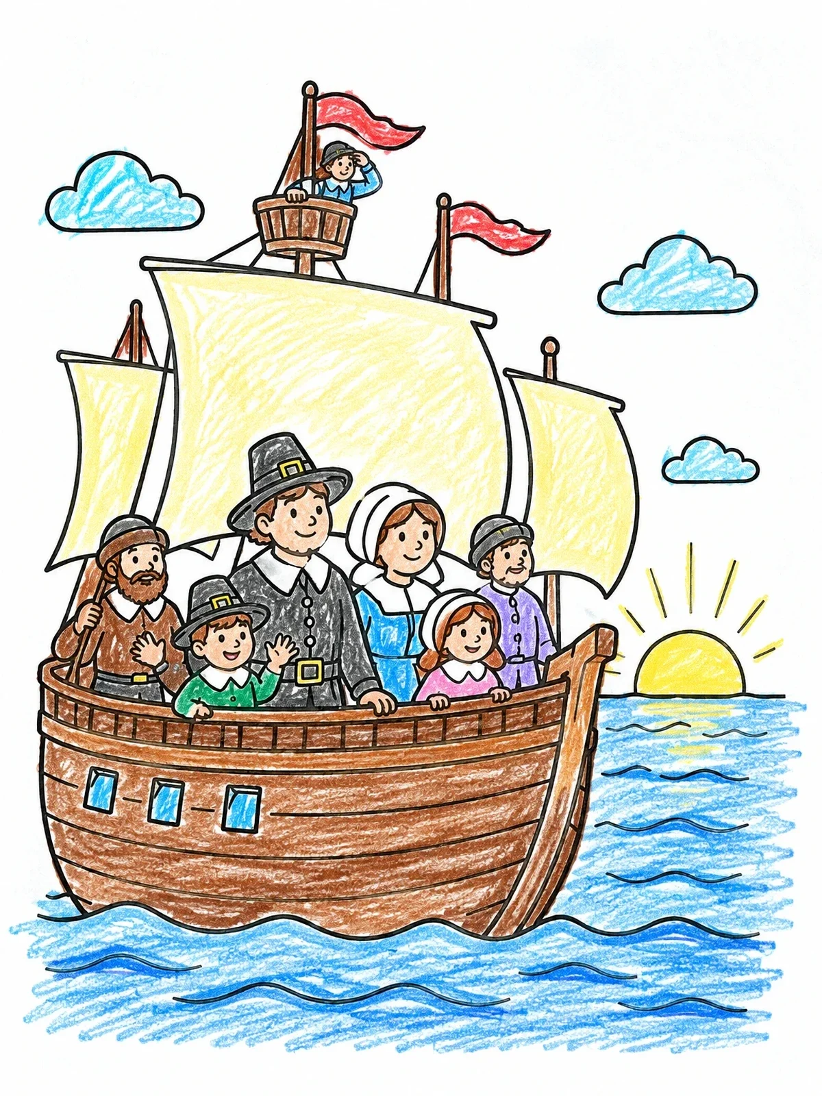 Colored example of the Pilgrim Family Sailing On The Mayflower coloring page