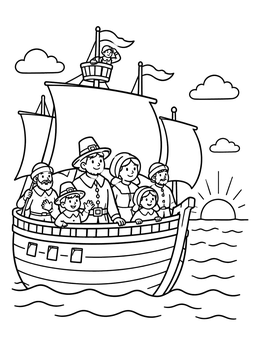 Free printable Pilgrim Family Sailing On The Mayflower coloring page