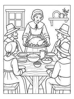 A thanksgiving pilgrims coloring page showing a family gathered around a table as the mother serves roast turkey.