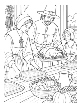 A pilgrim family prepares a feast in this thanksgiving pilgrims coloring page.