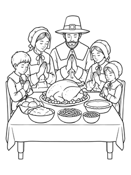 A thanksgiving pilgrims coloring page showing a family praying together around a festive turkey dinner.