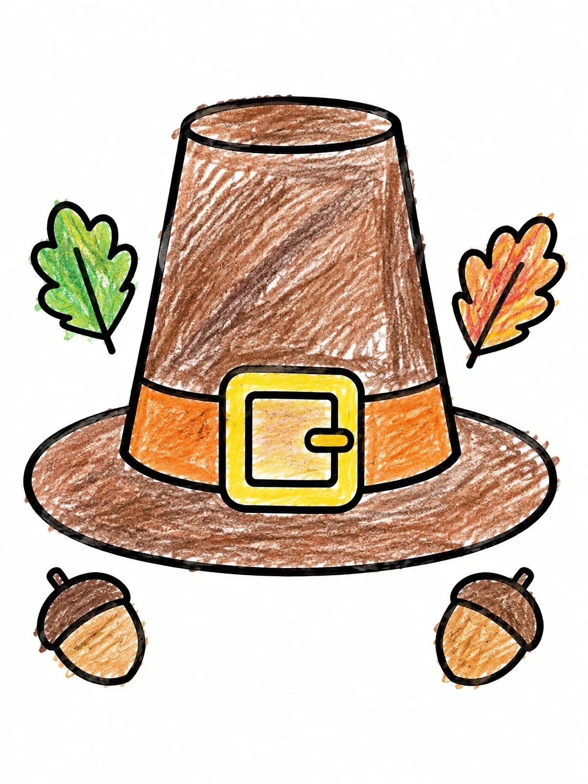 Colored example of the Pilgrim Hat With Oak Leaves coloring page