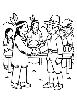 Free printable Pilgrim And Native American Handshake coloring page