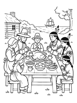 Free printable Pilgrim And Native American Feast coloring page