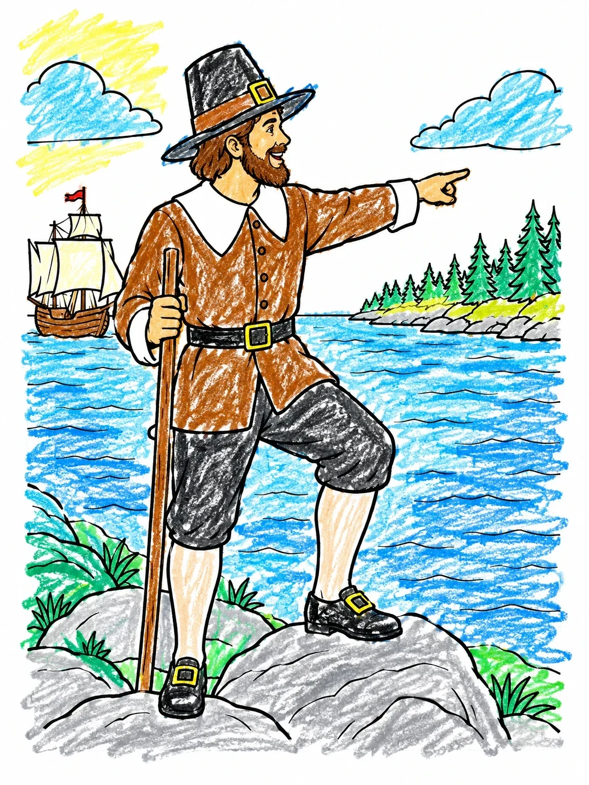Colored example of the Pilgrim Sighting Land Near The Mayflower coloring page