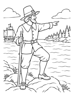 A cheerful pilgrim stands on a rocky shore pointing forward in this mayflower coloring page.