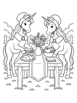 Two unicorns set a banquet in this thanksgiving unicorn coloring page outdoors.