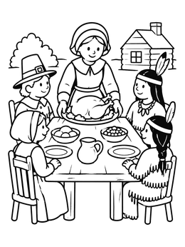 Free printable Pilgrim Woman Serving Thanksgiving Dinner coloring page