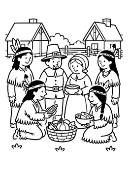 Free printable Pilgrims And Native Americans Sharing Harvest coloring page