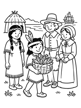 Free printable First Thanksgiving Gathering With Harvest Corn coloring page