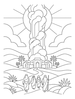 Travelers walk toward a sanctuary under a tall pillar of cloud in this exodus coloring page.